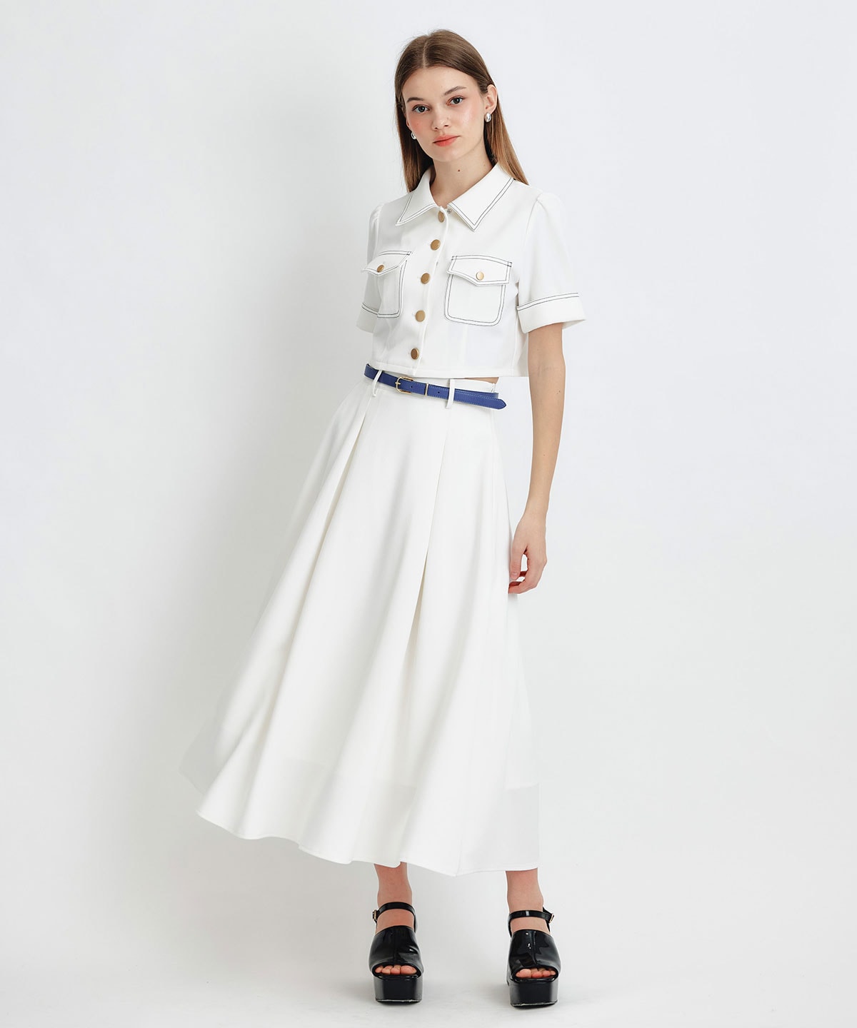 ショートジャケット×フレアロングスカートセットアップ