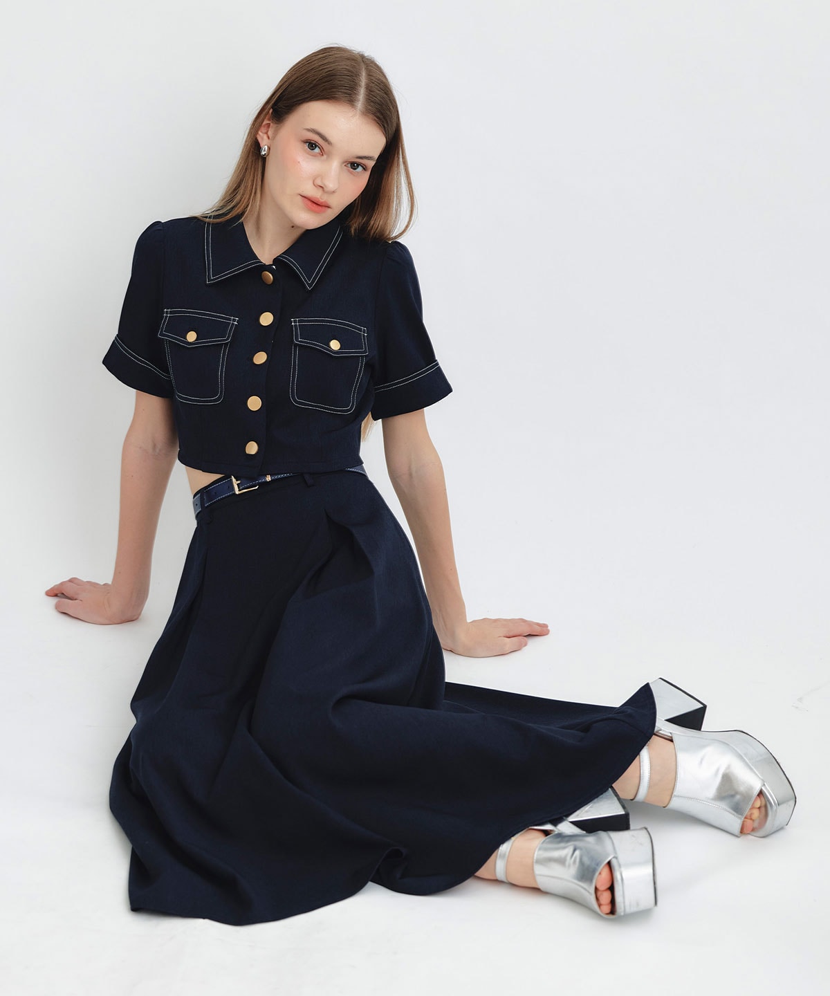 ショートジャケット×フレアロングスカートセットアップ