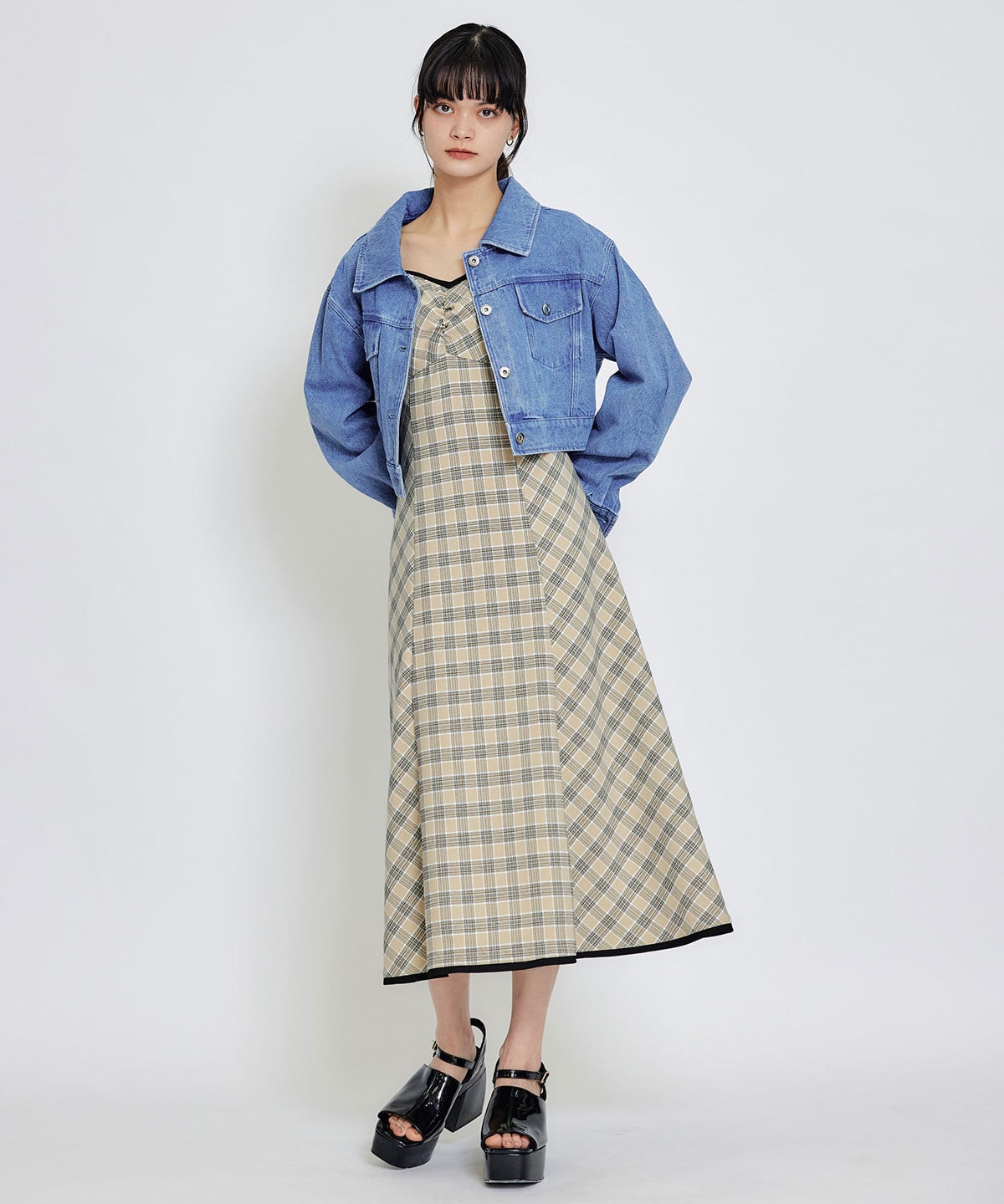 パイピングリボンキャミソールチェックフレアロングワンピース