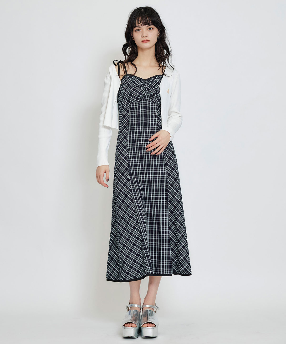 パイピングリボンキャミソールチェックフレアロングワンピース