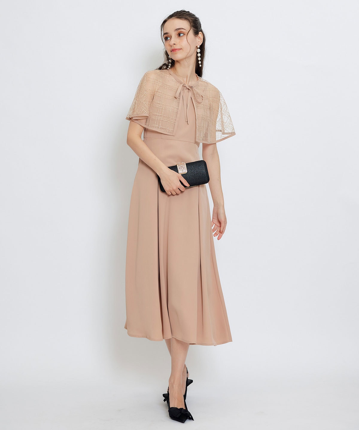 チェックシアーチュールケープ×キャミソールフレアロングドレス