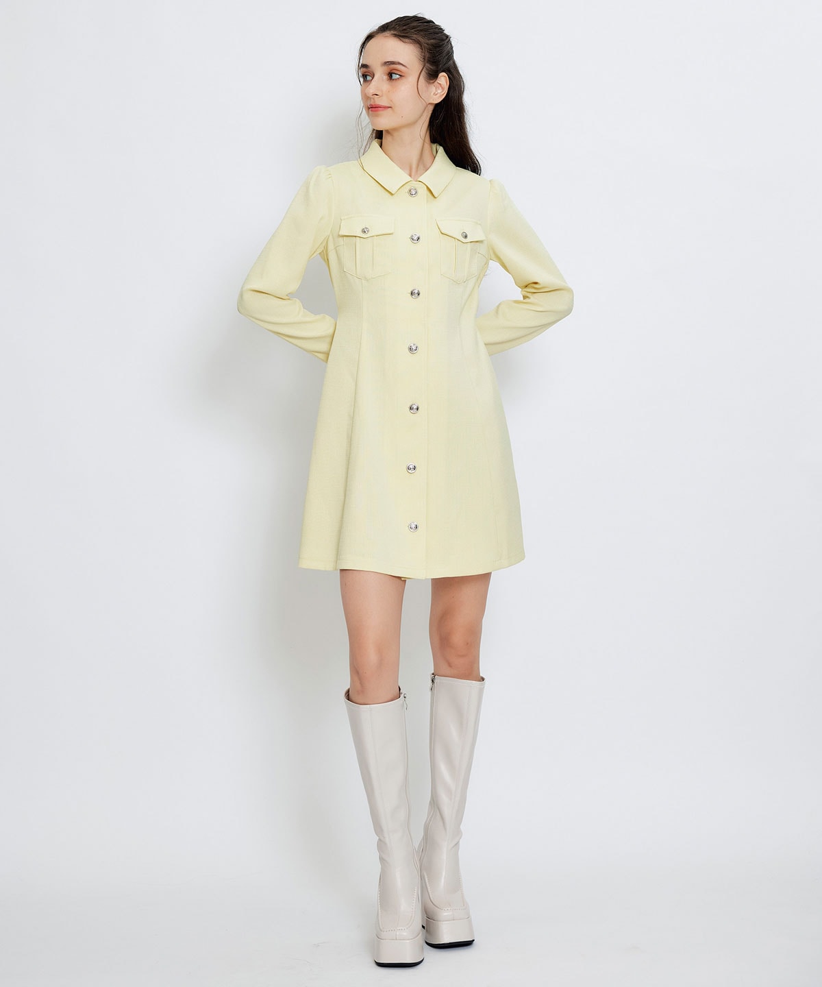 スプリングツイードシャツミニフレアワンピース