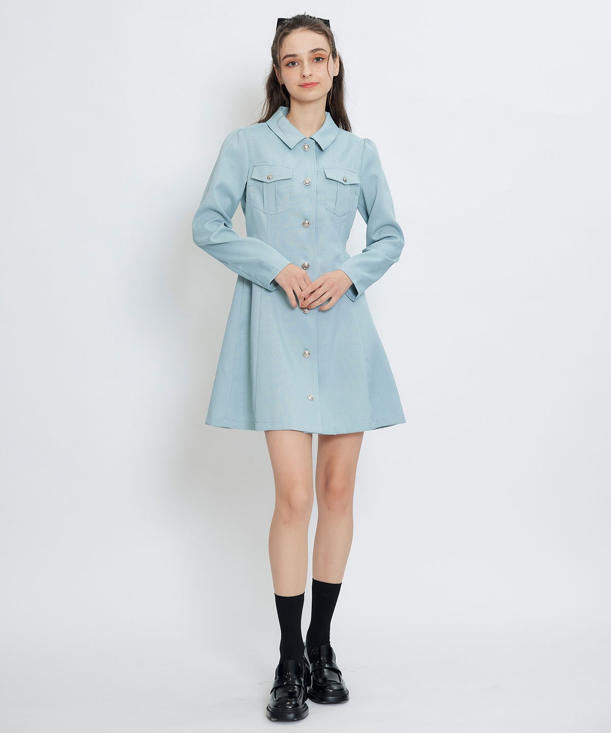 スプリングツイードシャツミニフレアワンピース