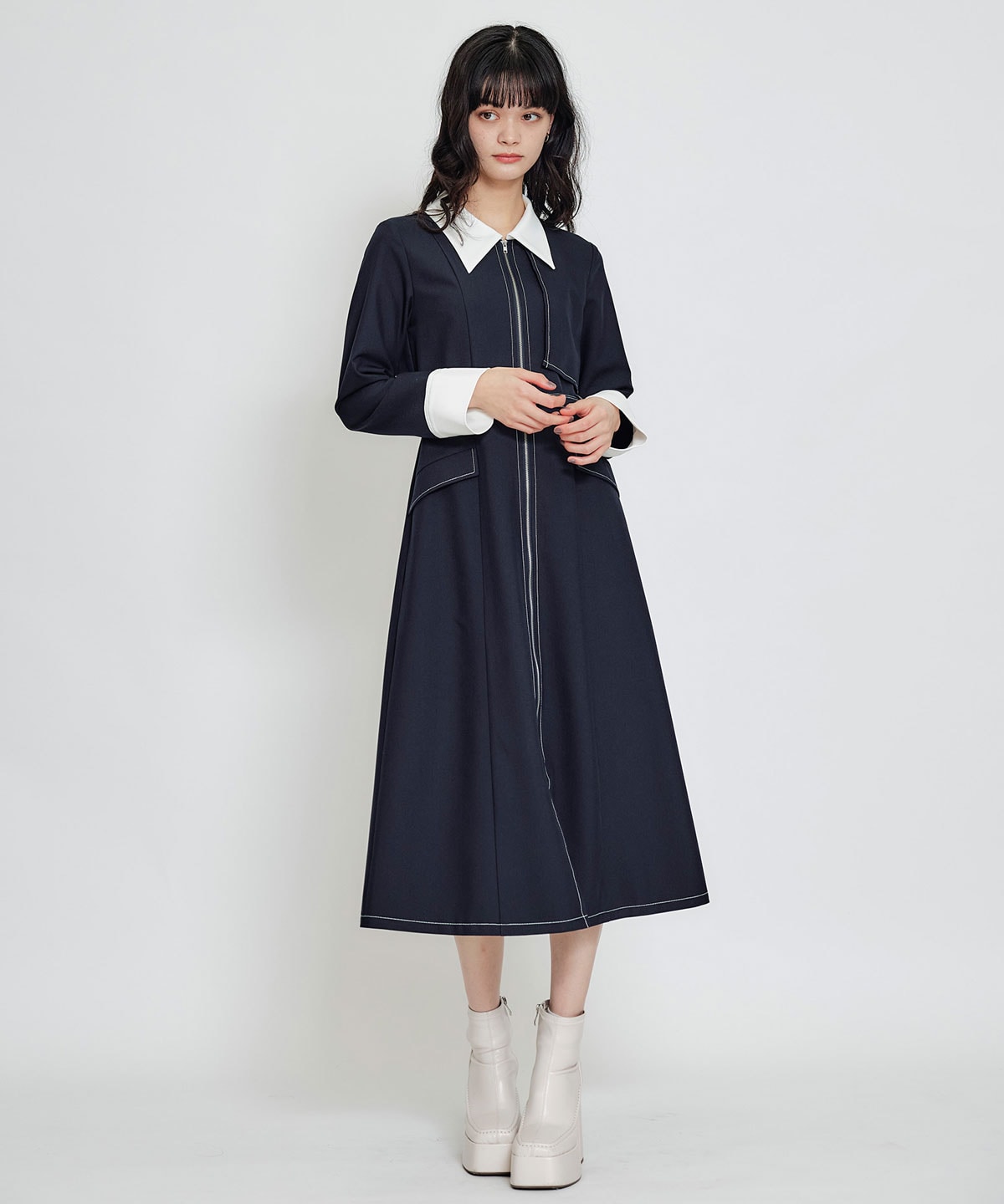 フロントZIPバイカラーロングシャツワンピース