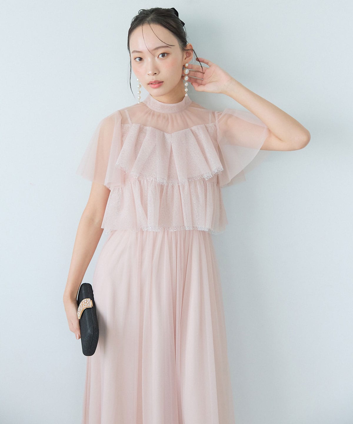 チュールレースティアードトップス×キャミソールフレアロングドレス