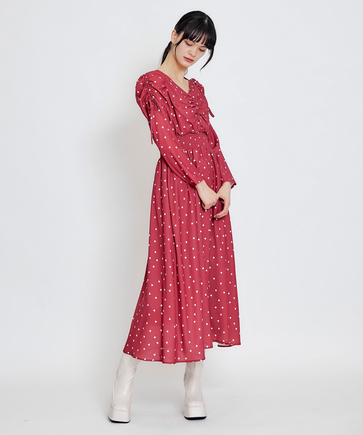 Love Me Heart ギャザーリボンロングフレアワンピース