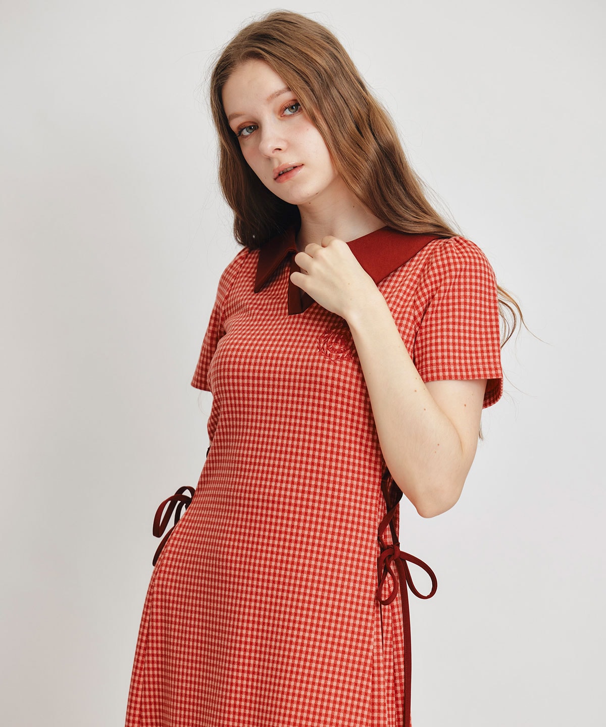 ポロカットレースアップフレアロングワンピース