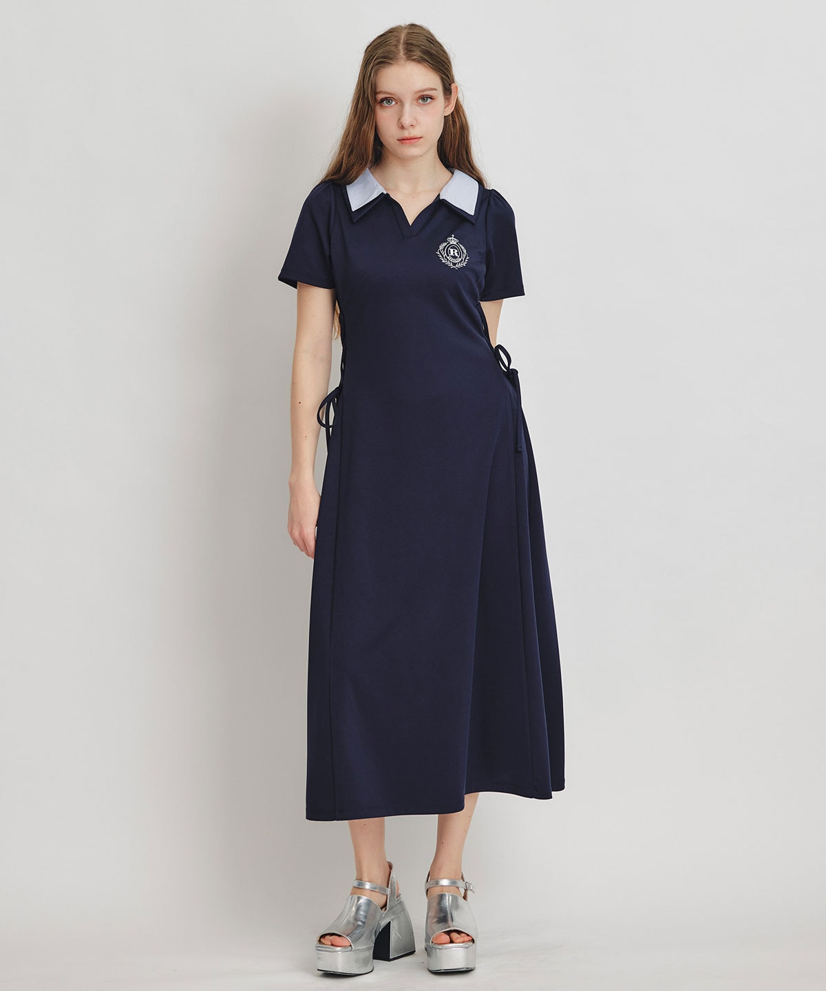 ポロカットレースアップフレアロングワンピース