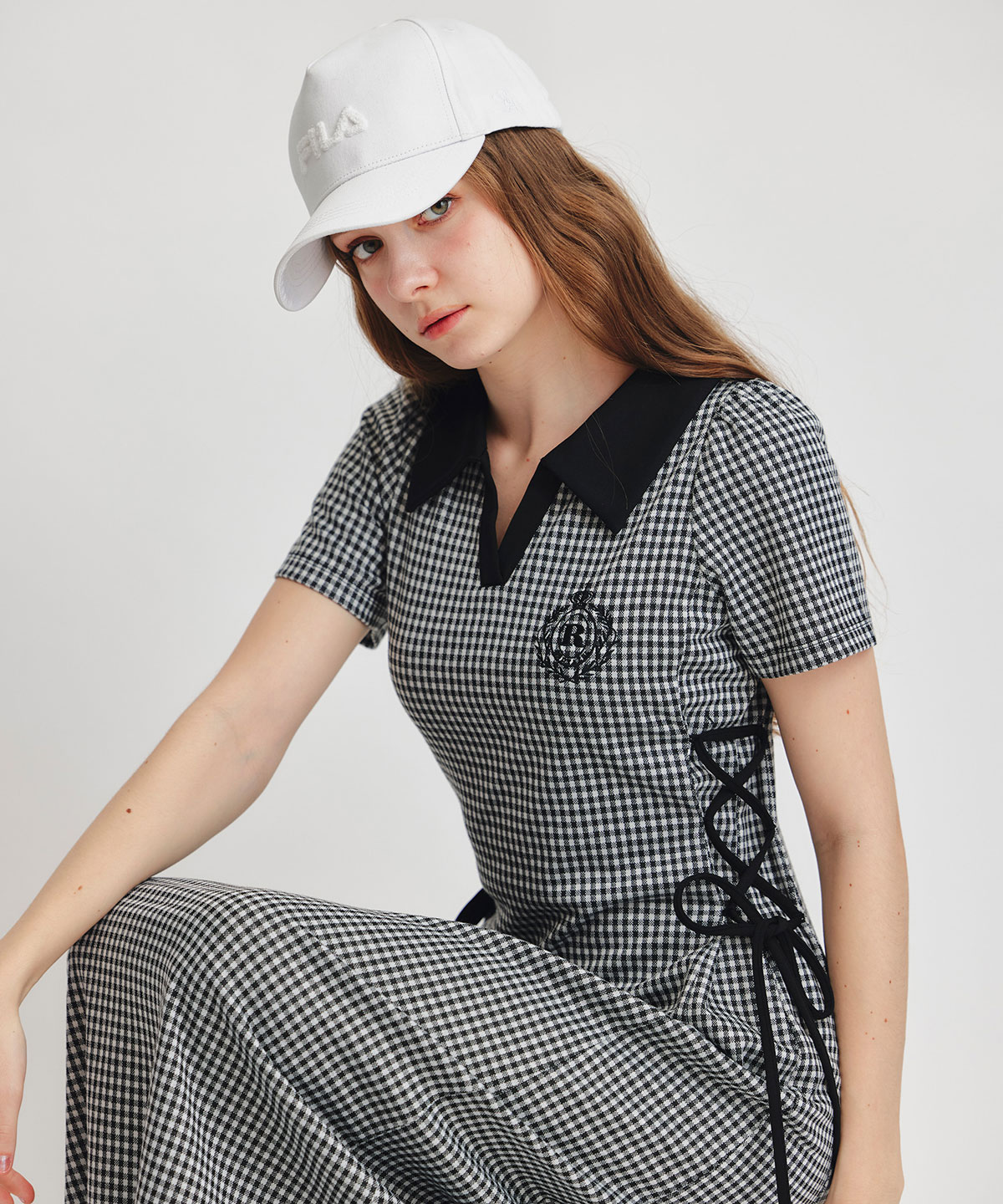 ポロカットレースアップフレアロングワンピース