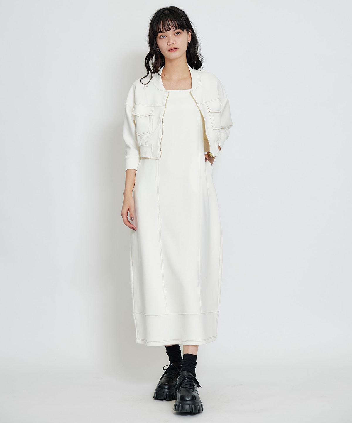 【セットアップ可能】バイカラーステッチカットロングワンピース