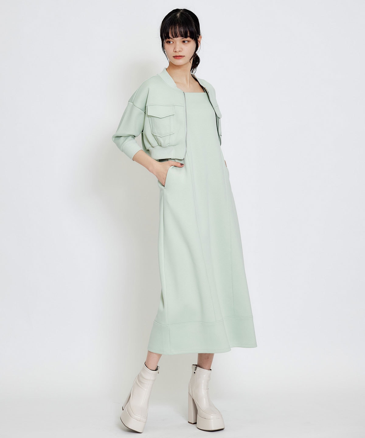 【セットアップ可能】バイカラーステッチカットロングワンピース