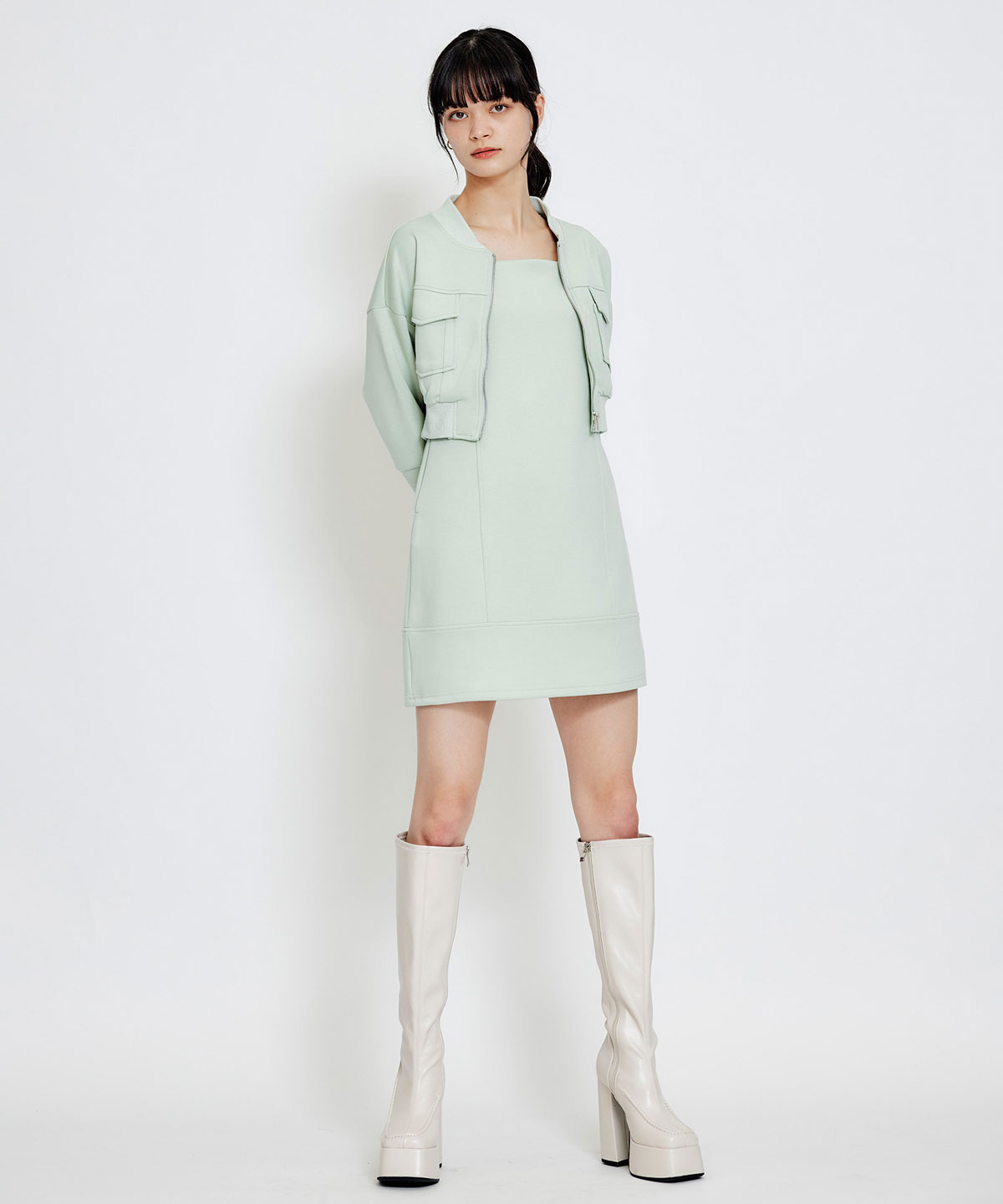 【セットアップ可能】バイカラーステッチカットミニワンピース