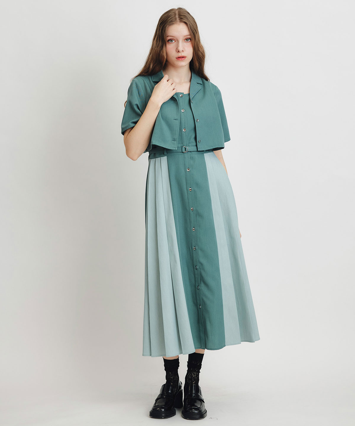 レイヤードサイドプリーツバイカラーロングワンピース