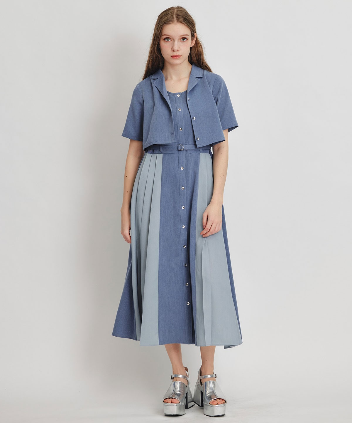 レイヤードサイドプリーツバイカラーロングワンピース