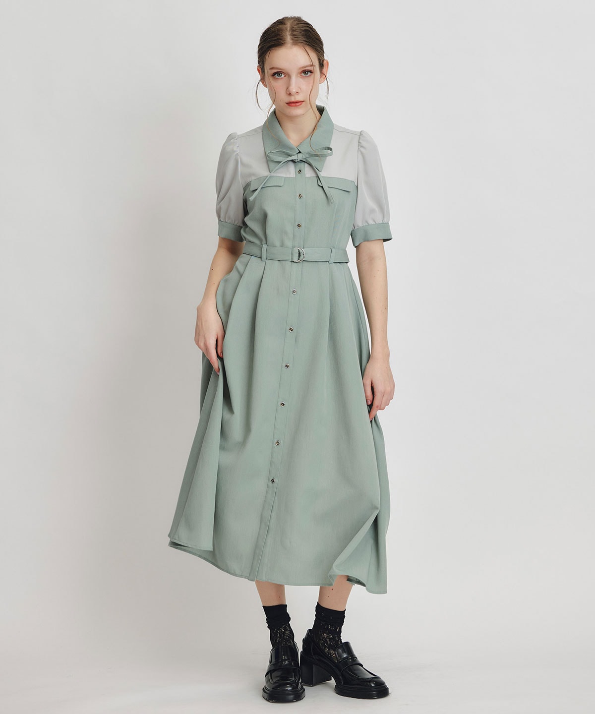 コントラストカラーシャツフレアロングワンピース