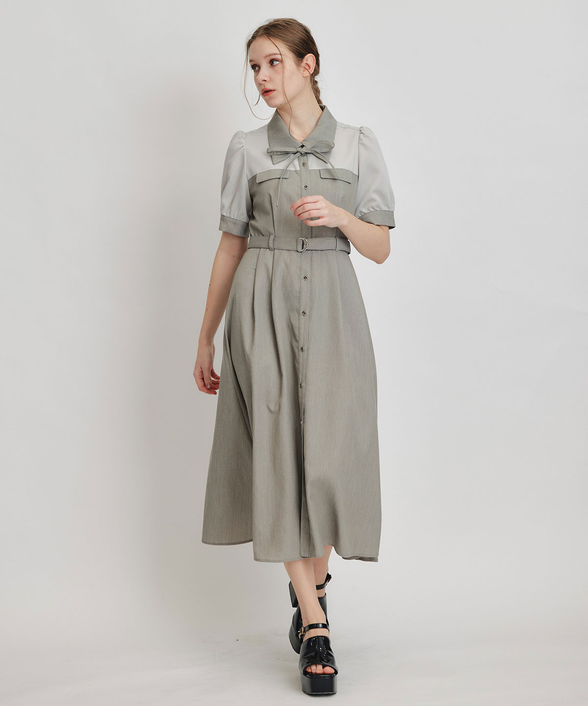 コントラストカラーシャツフレアロングワンピース