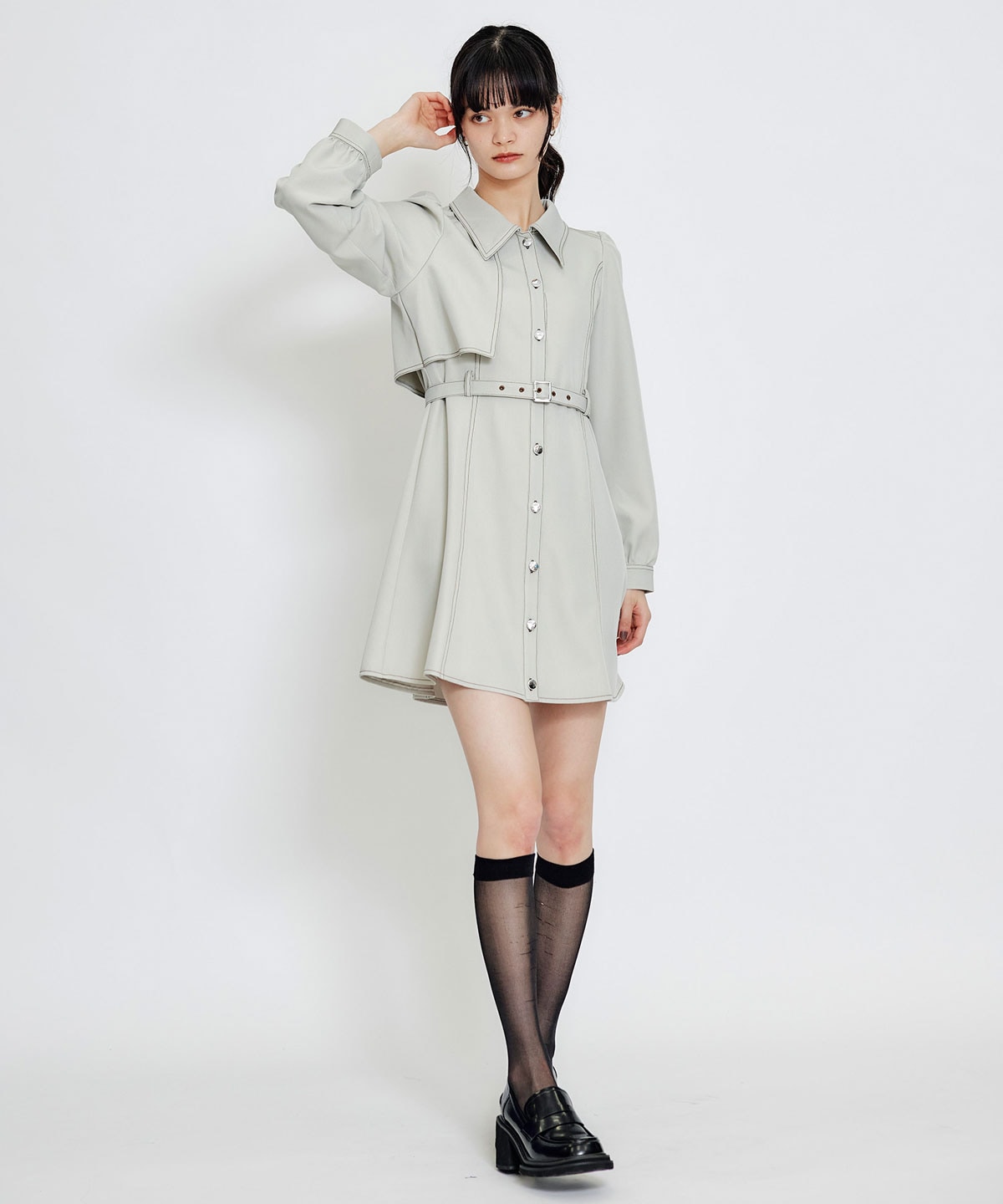 バイカラーステッチフレアミニシャツワンピース