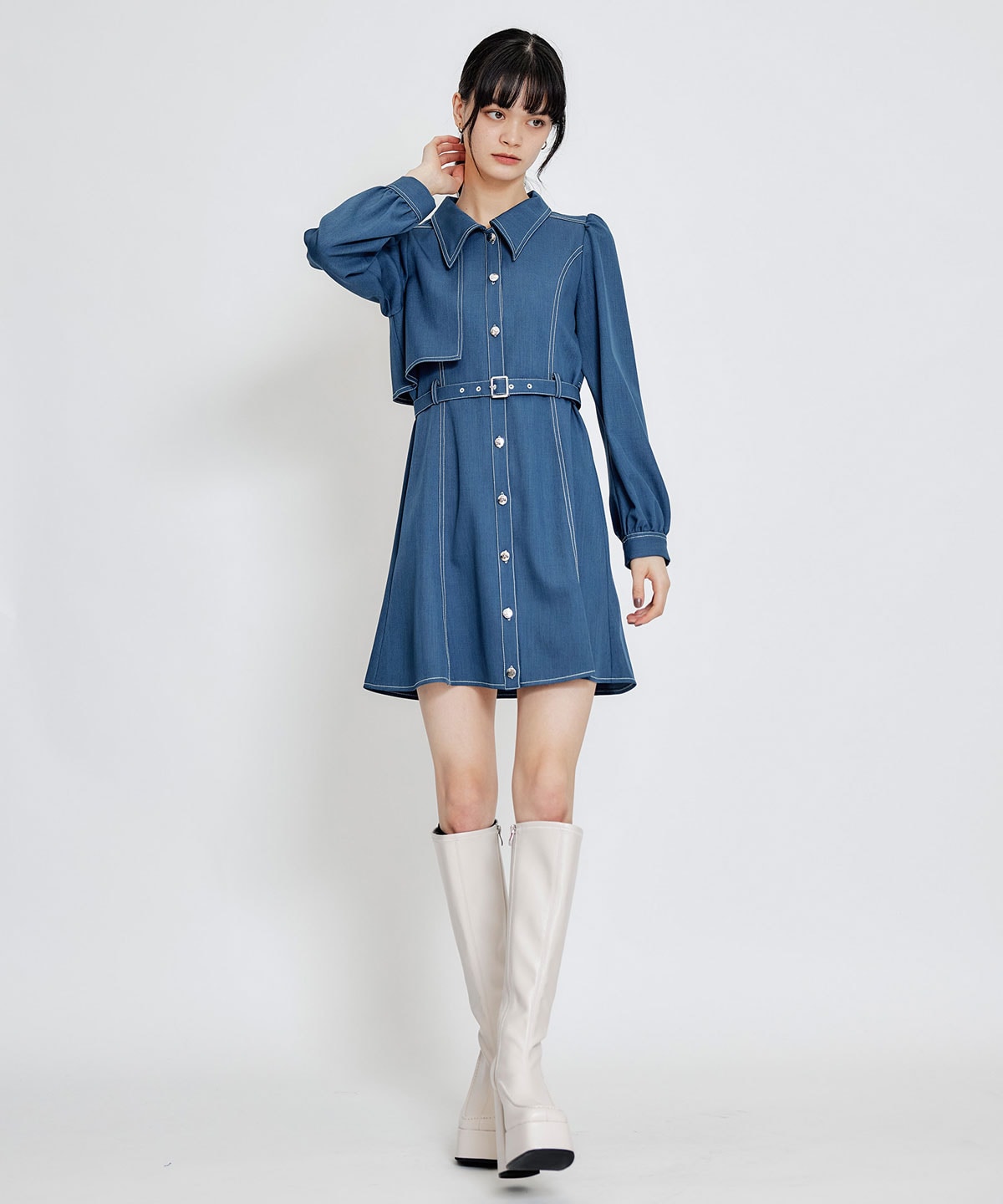 バイカラーステッチフレアミニシャツワンピース