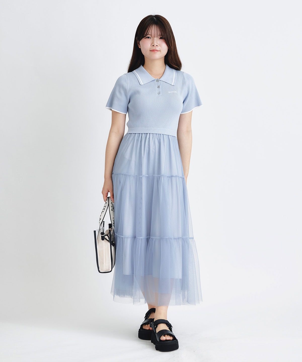 ポロニットチュールティアードドッキングロングワンピース