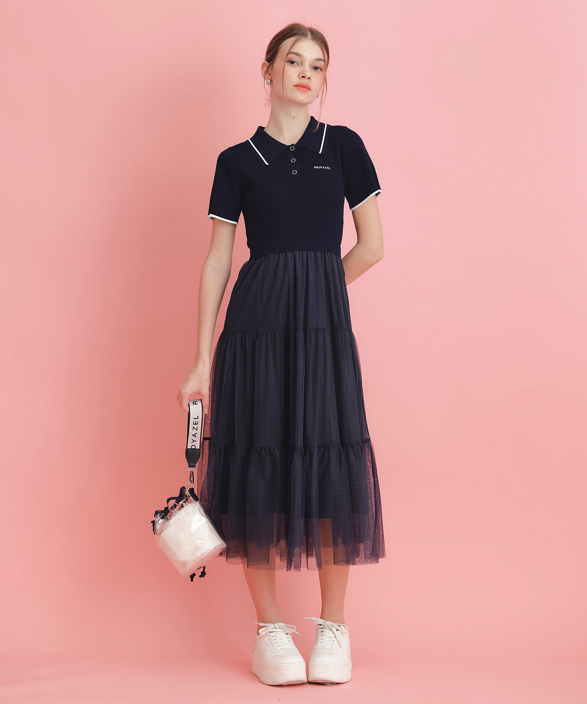 ポロニットチュールティアードドッキングロングワンピース