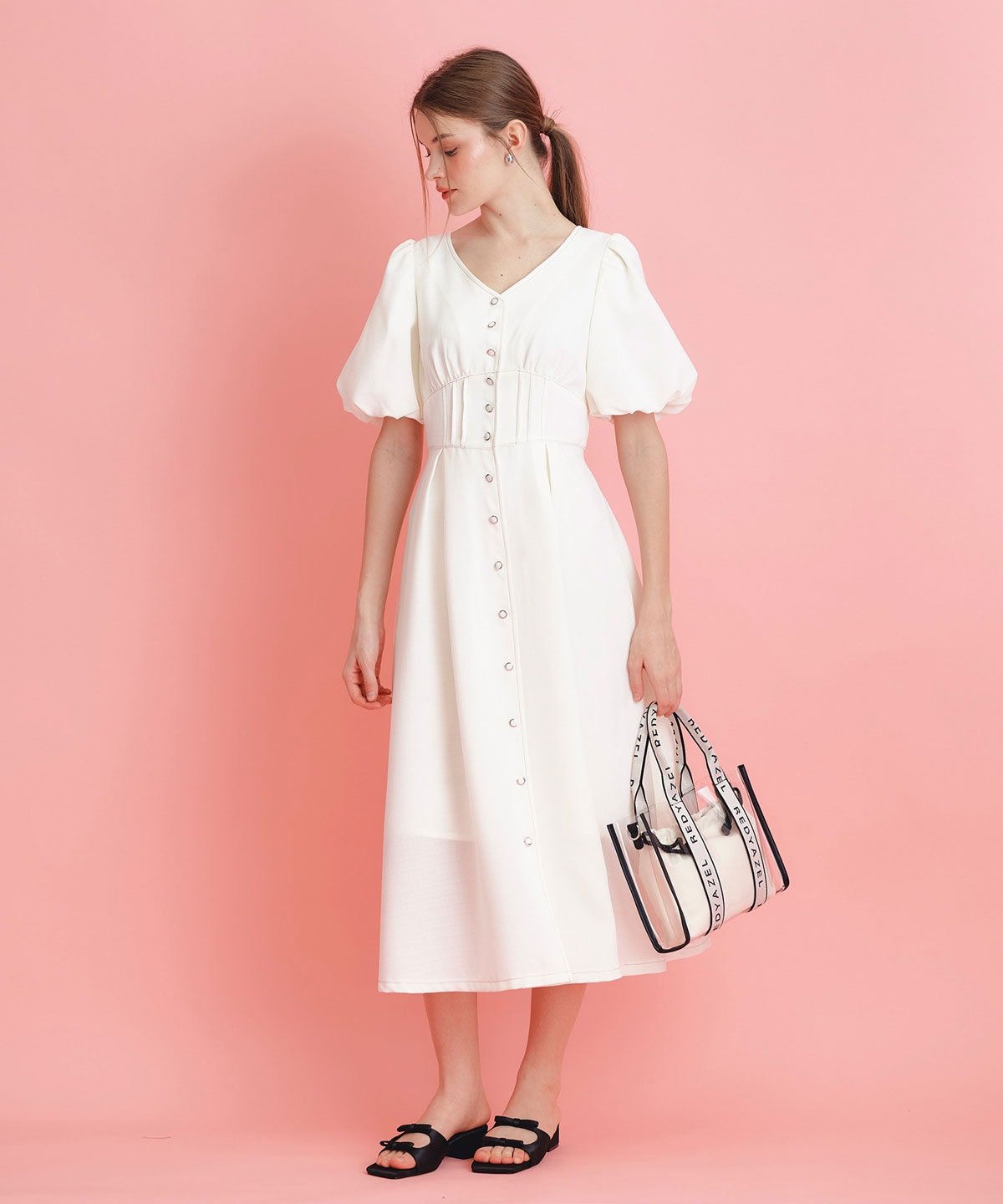 コルセットバルーンスリーブフレアロングワンピース