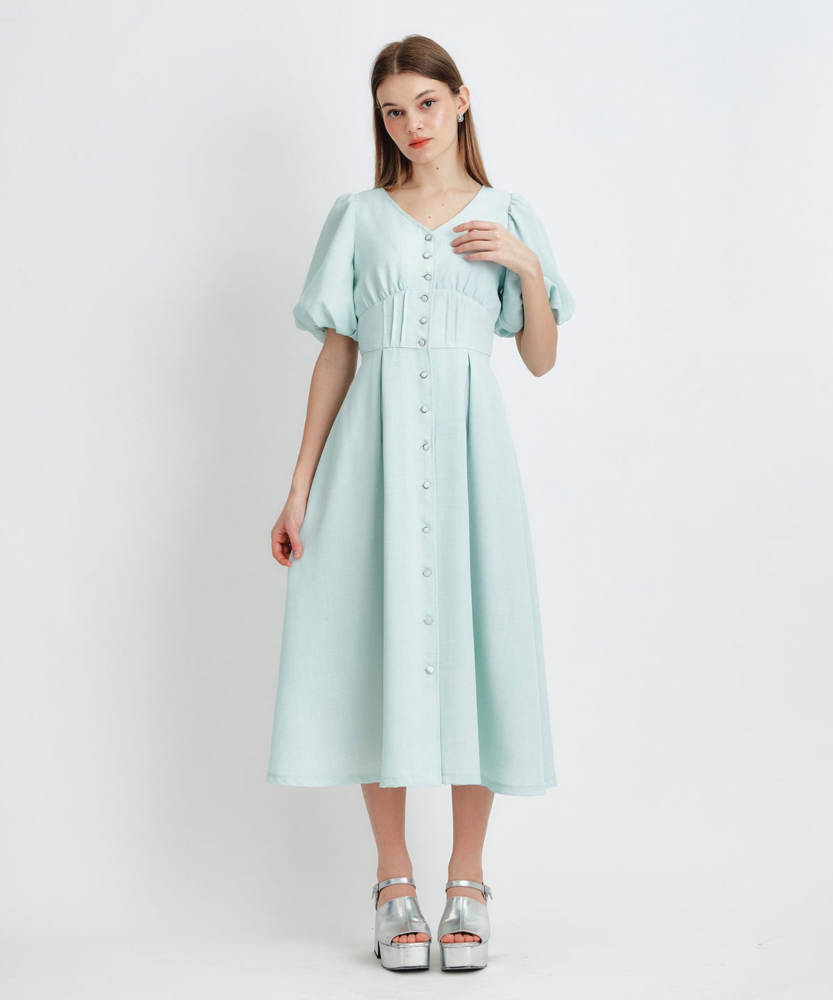 コルセットバルーンスリーブフレアロングワンピース