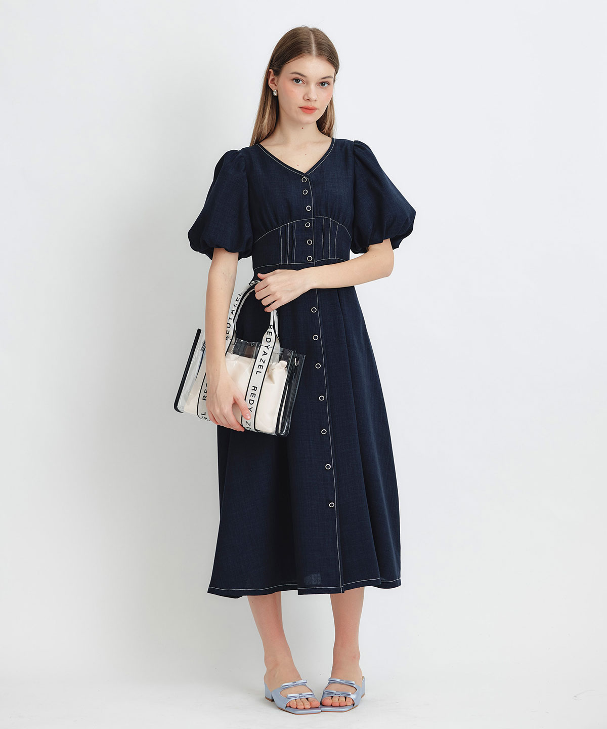 コルセットバルーンスリーブフレアロングワンピース