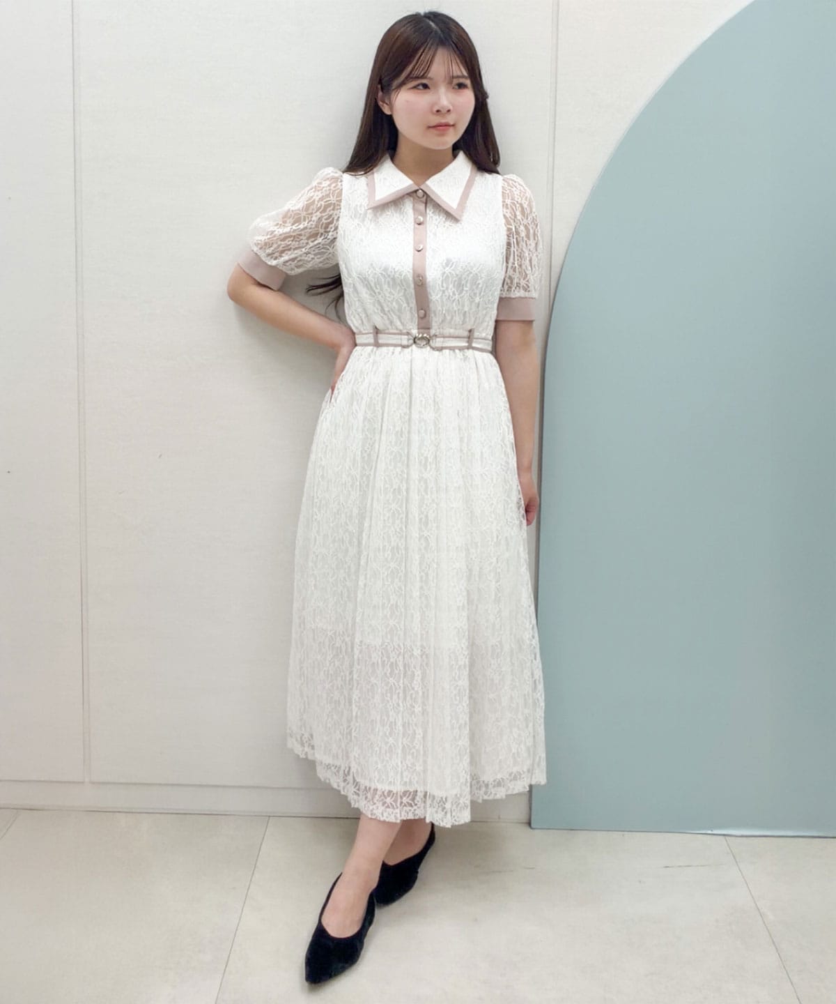 レースバイカラープリーツロングワンピース