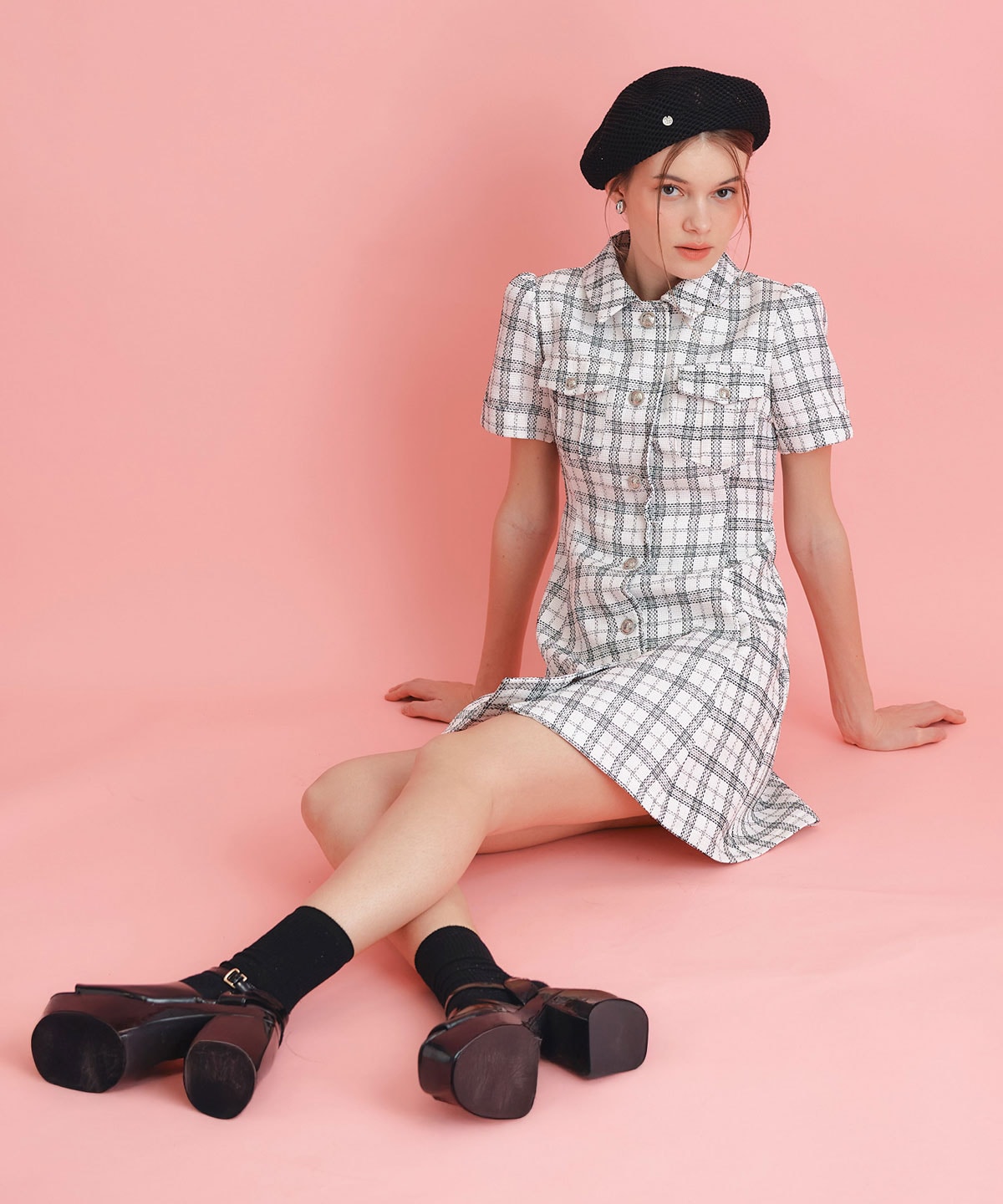 サマーツイードチェックシャツミニワンピース