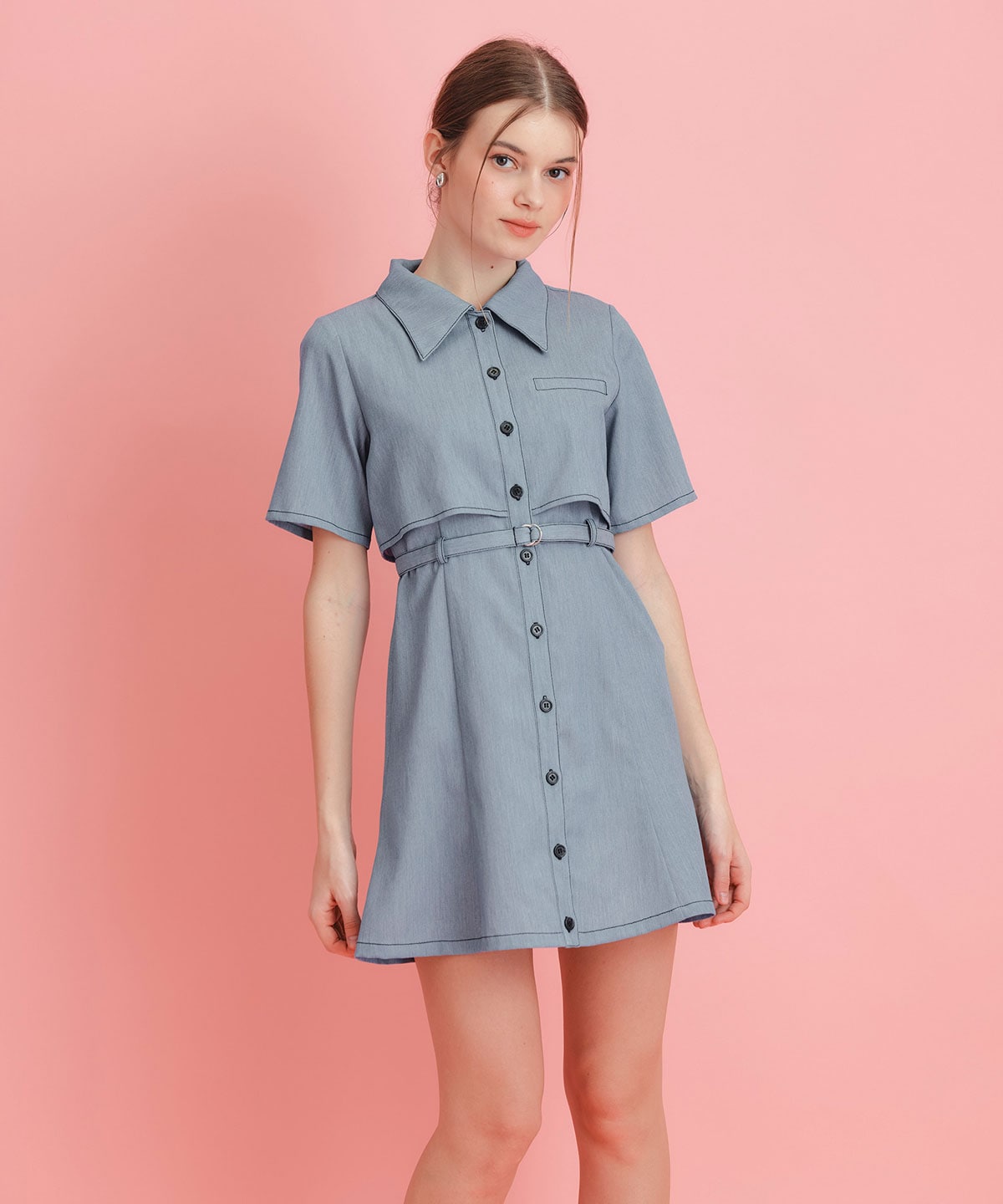 レイヤードライクコントラストフレアミニワンピース