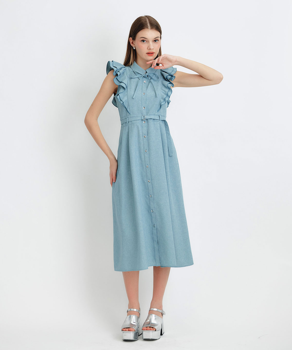 フリルシャツフレアロングワンピース