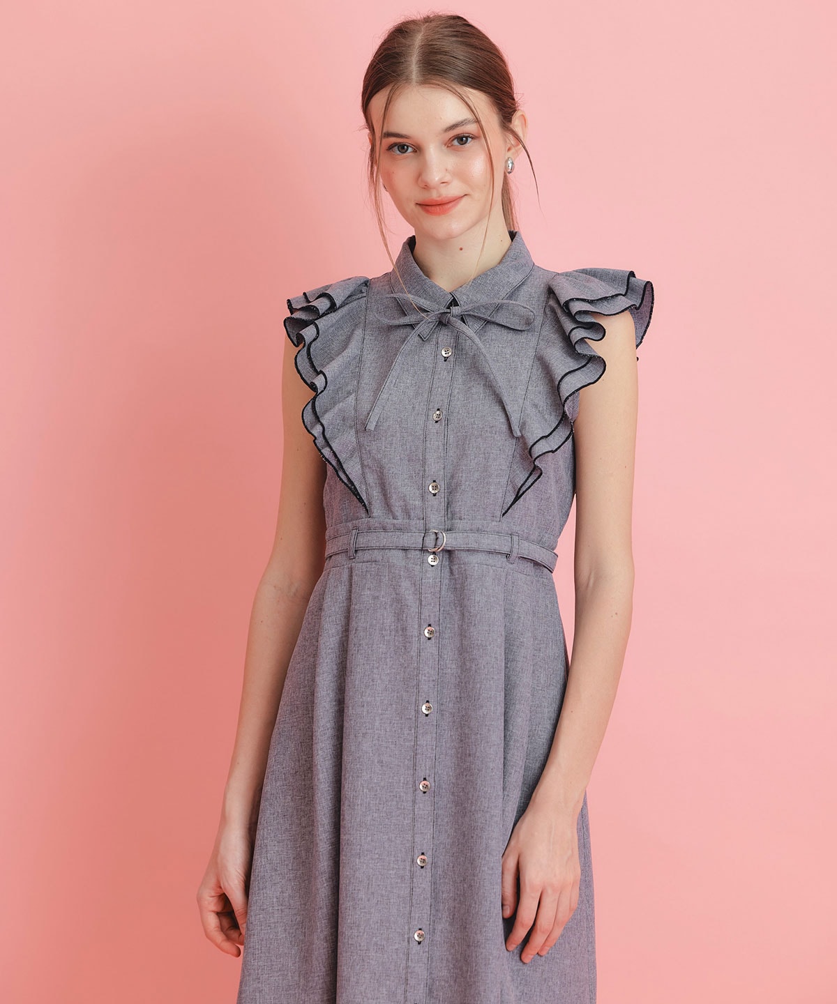 フリルシャツフレアロングワンピース