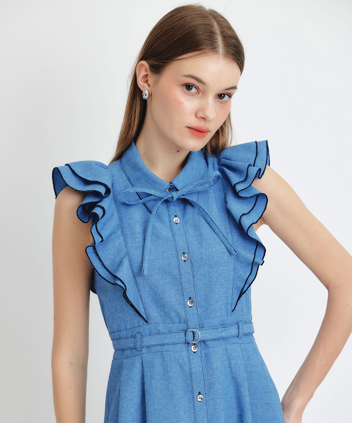 フリルシャツフレアロングワンピース