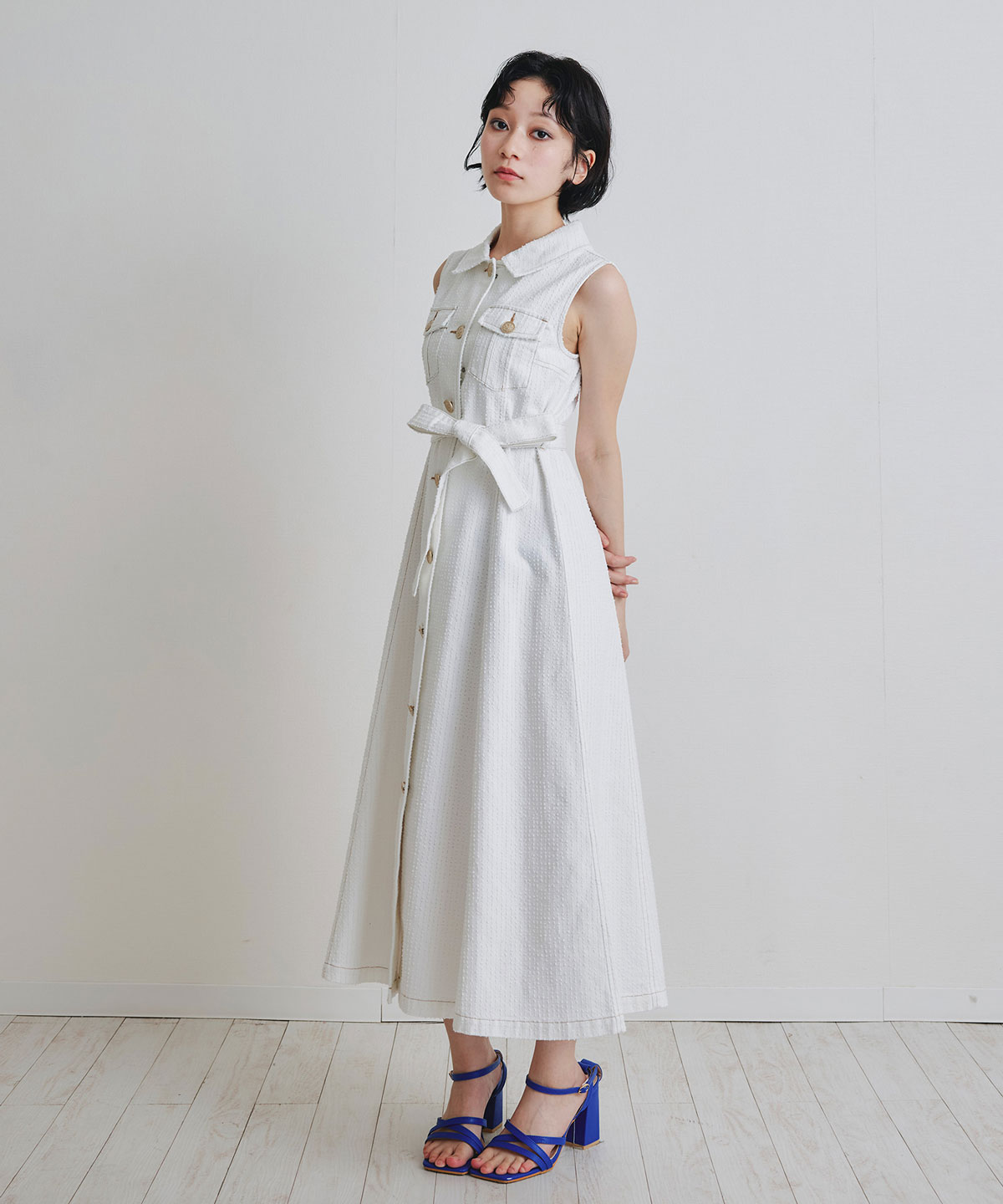 レーザーカットデニムロングシャツワンピース