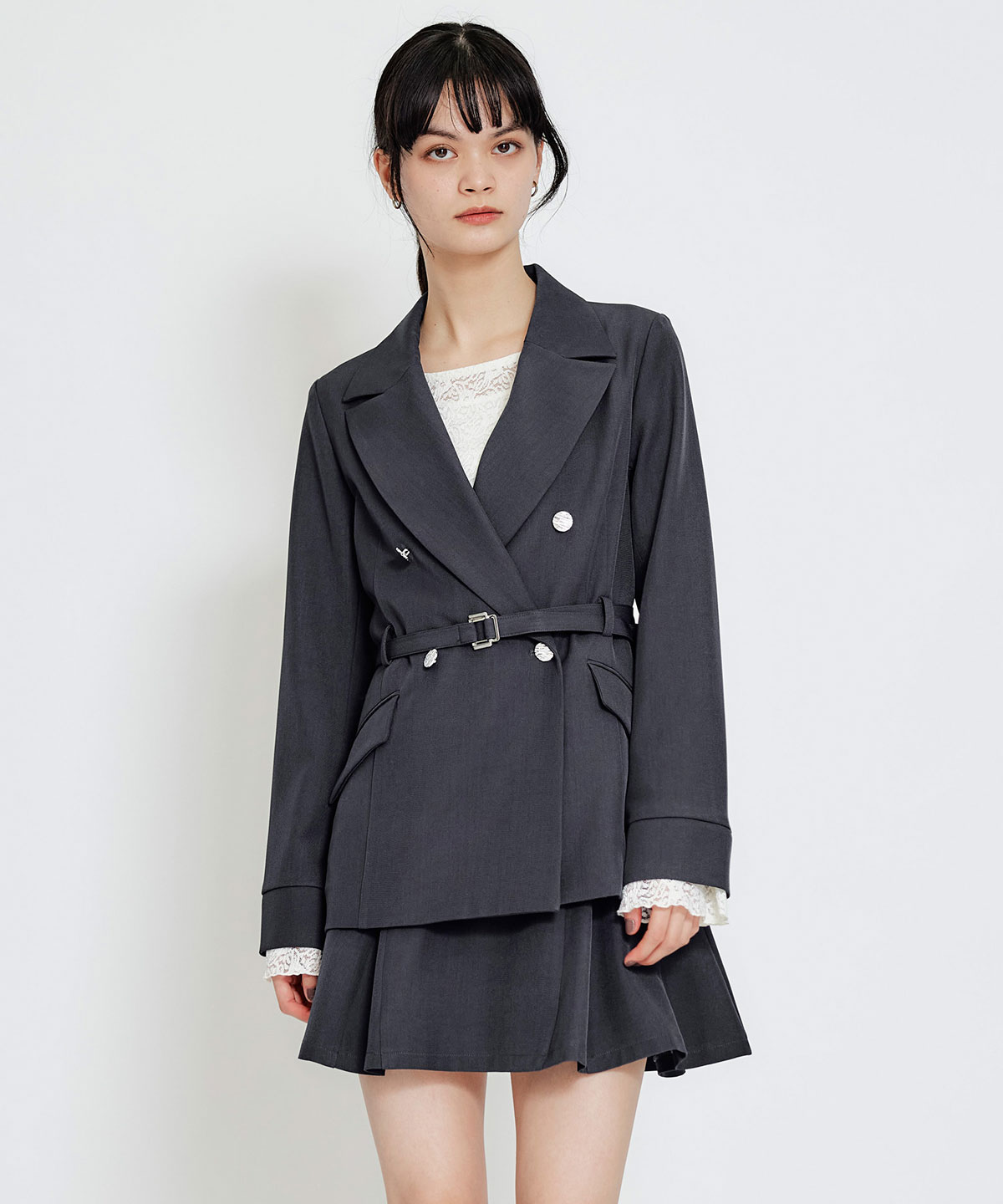 【セットアップ可能】ワイドカラーミドルダブルジャケット