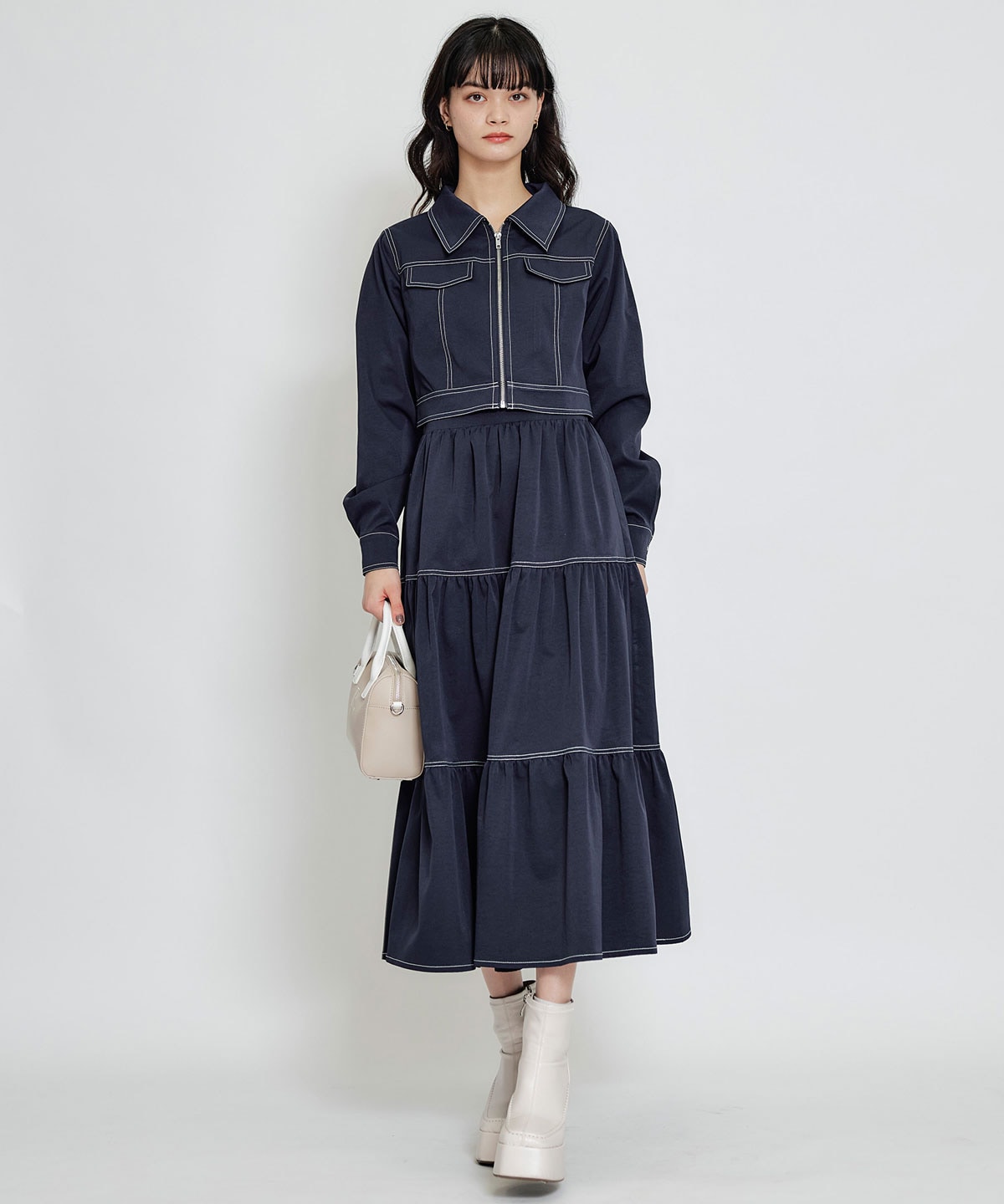 【セットアップ可能】バイカラーステッチショートジャケット