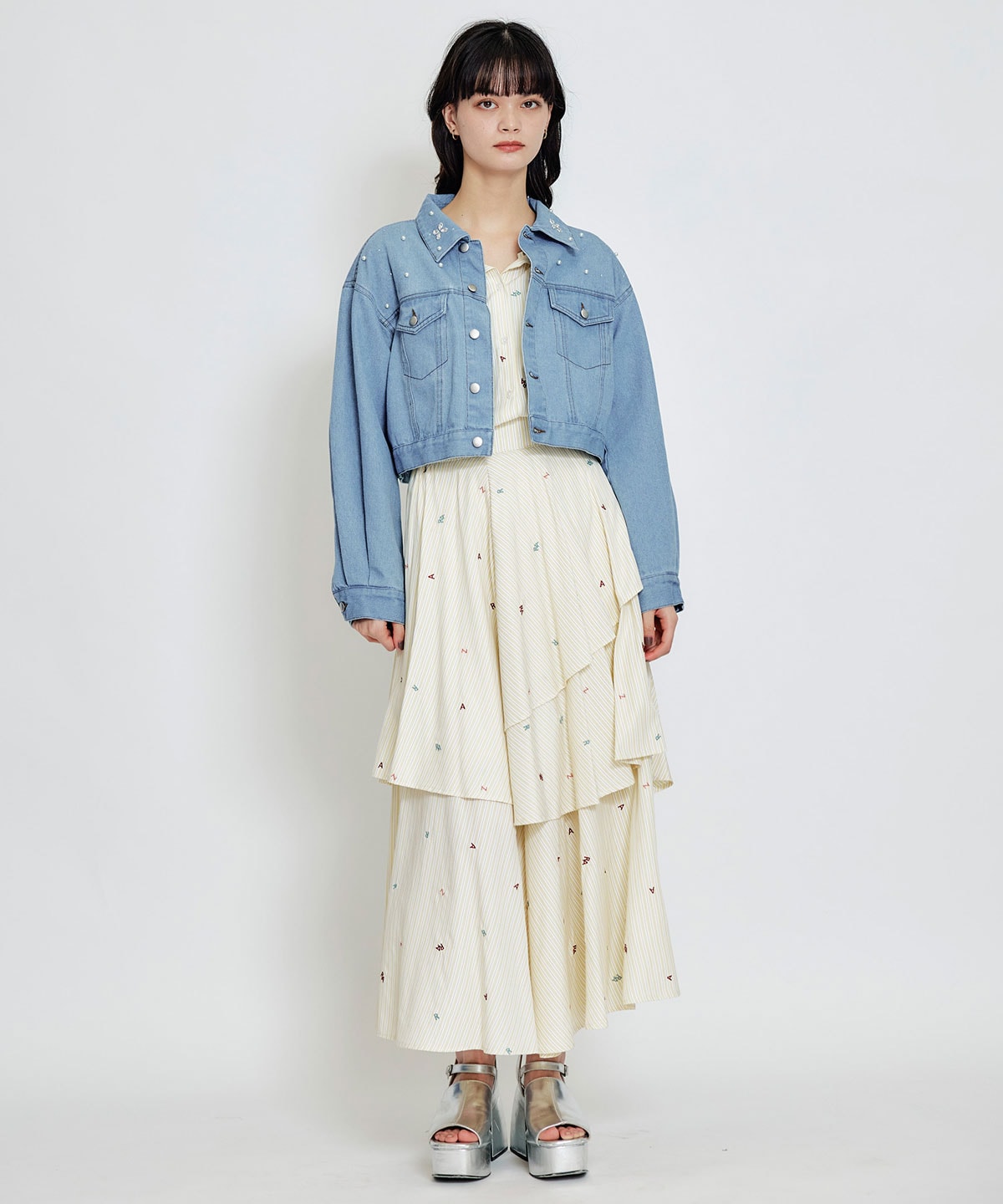 フラワービジューパールデニムジャケット