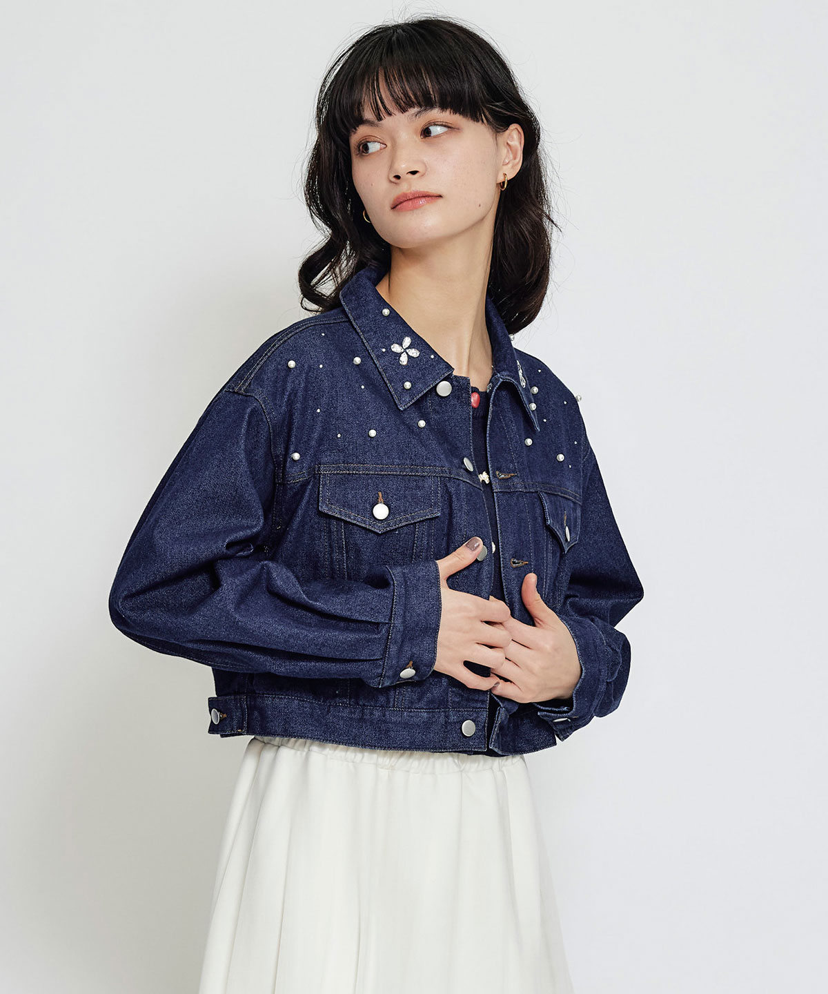 フラワービジューパールデニムジャケット
