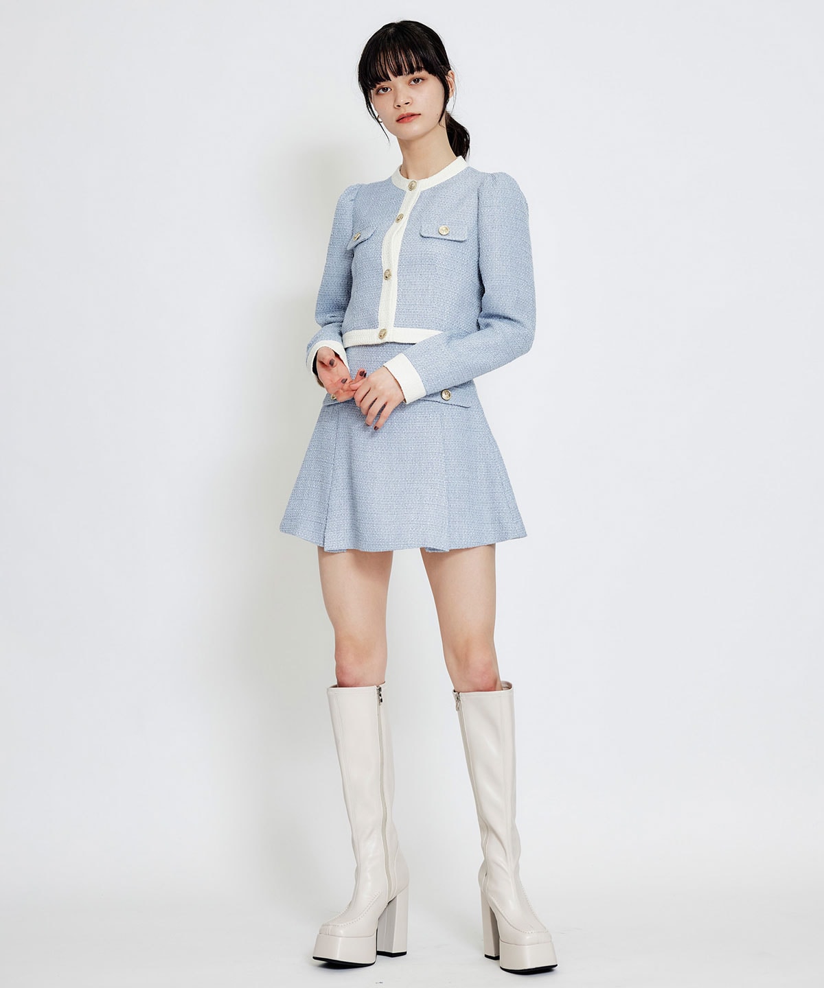 【セットアップ可能】スプリングツイードノーカラージャケット