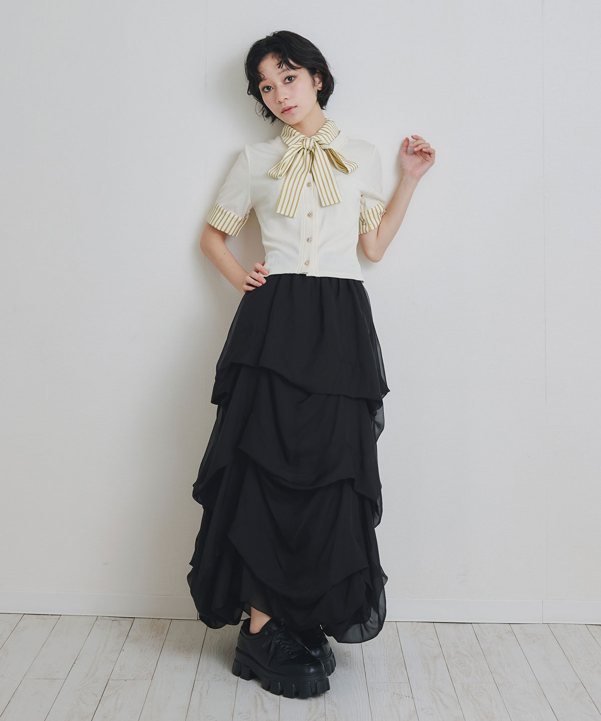 ストライプリボンタイレイヤードニットトップス