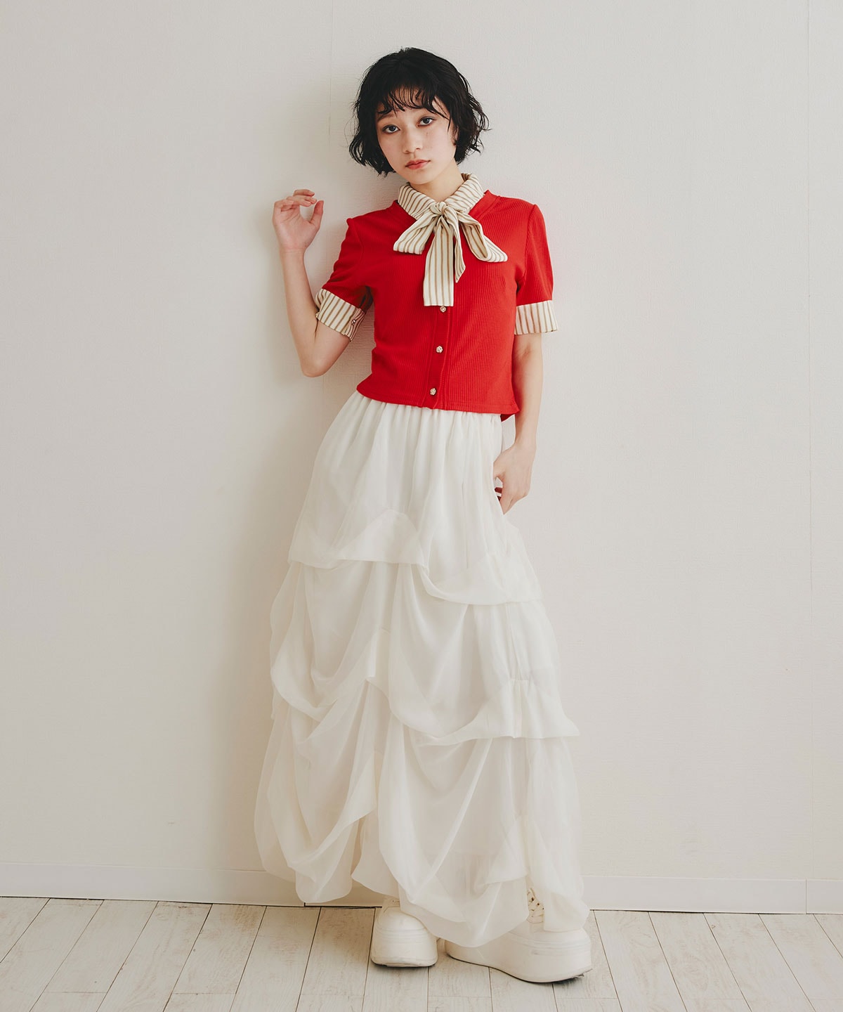 ストライプリボンタイレイヤードニットトップス