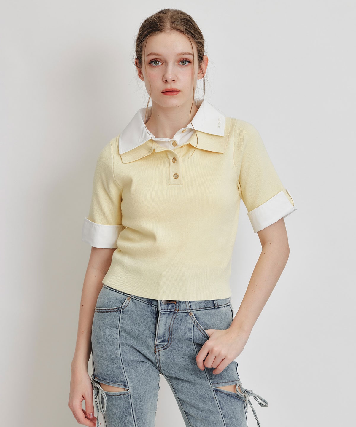 ダブルカラーハーフスリーブニットプルオーバー