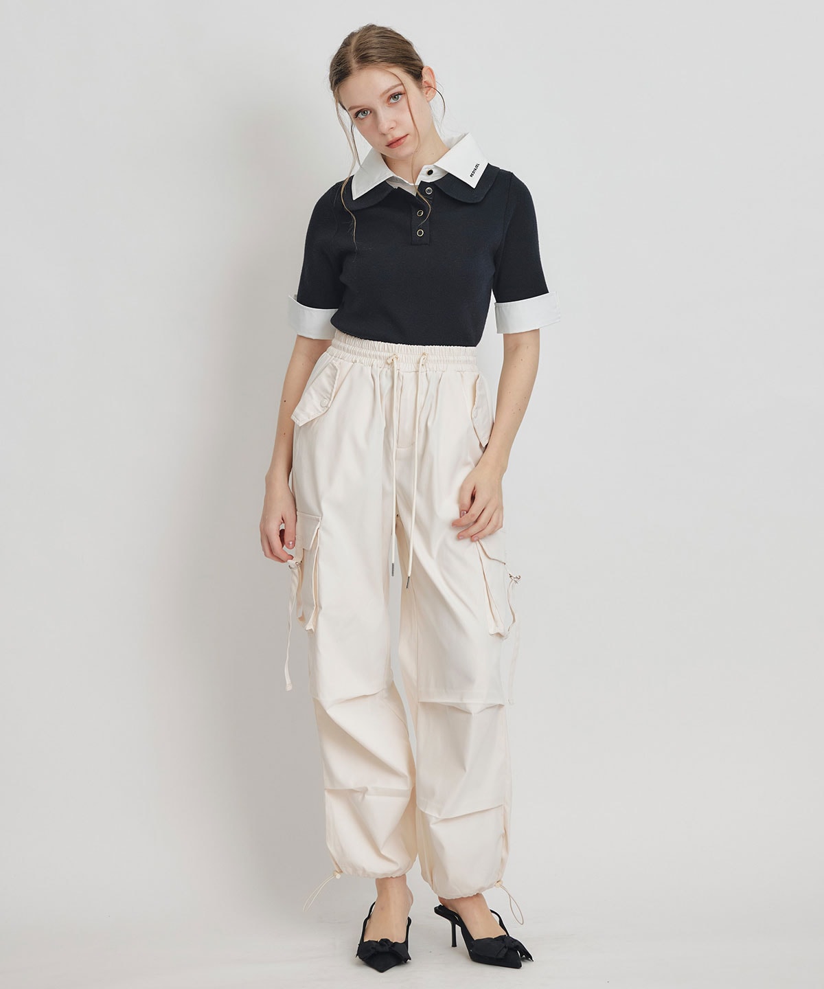 ダブルカラーハーフスリーブニットプルオーバー