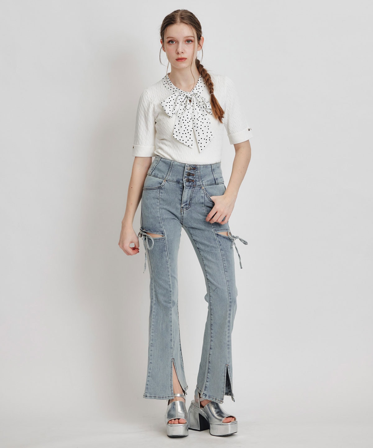 ケーブルリボンタイハーフスリーブニットプルオーバー