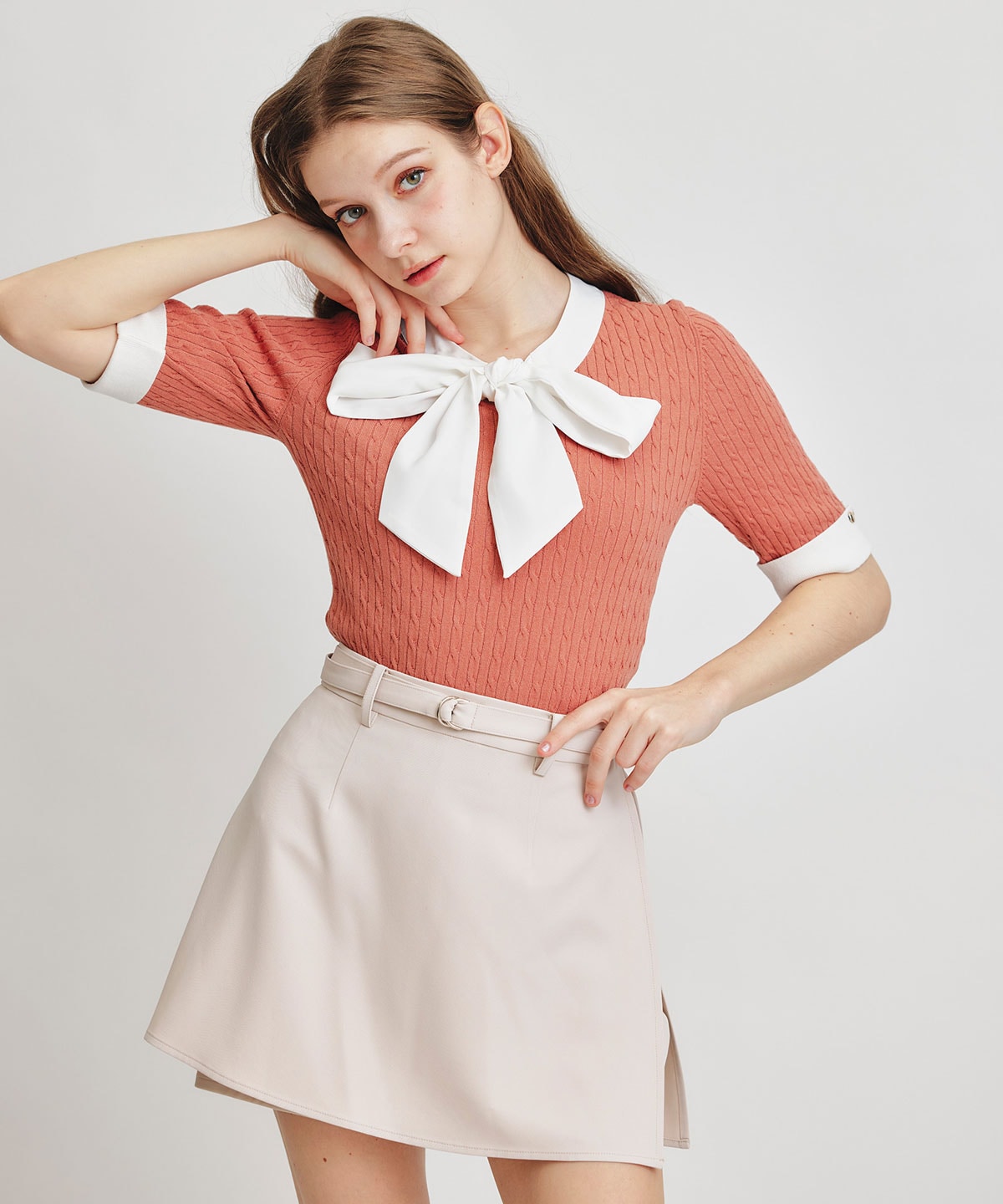 ケーブルリボンタイハーフスリーブニットプルオーバー