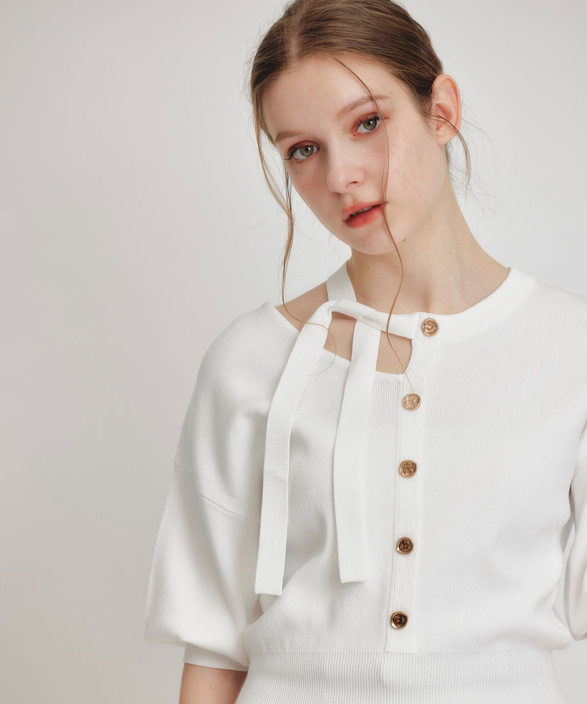 アシメカットデザインハーフスリーブニットプルオーバー