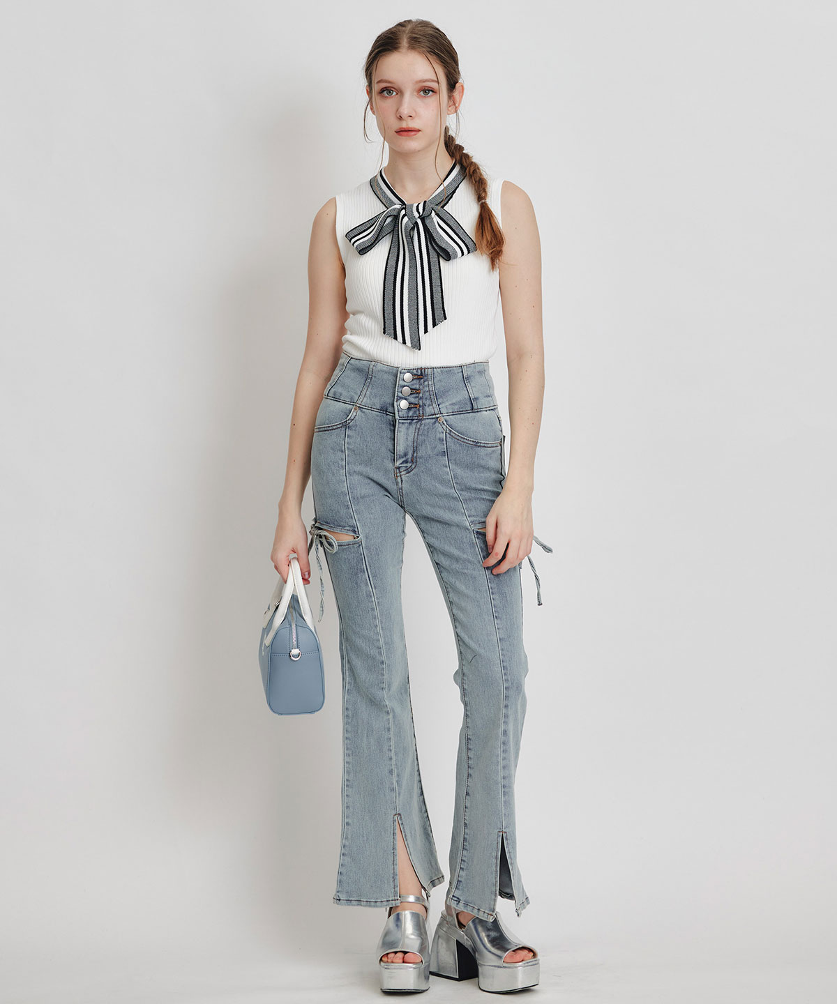 ストライプリボンタイリブニットノースリーブ