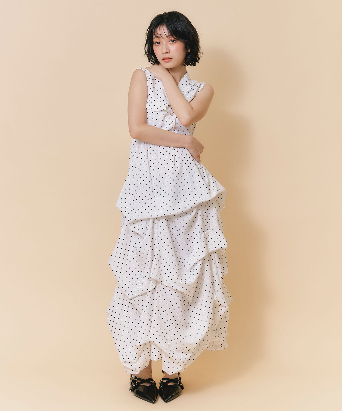 タックボリュームシャツロングワンピース