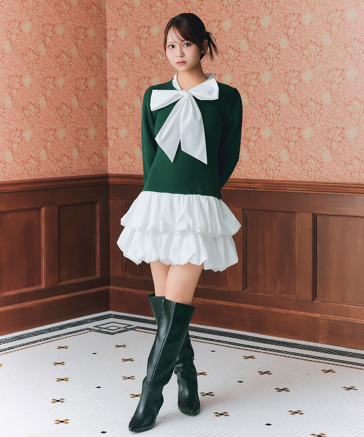 【=LOVE 大場花菜さん着用】ビッグリボンティアードニットシャツミニワンピース