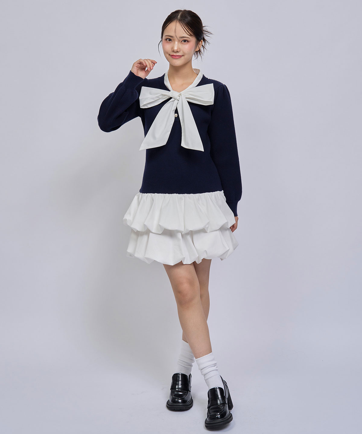 【=LOVE 大場花菜さん着用】ビッグリボンティアードニットシャツミニワンピース